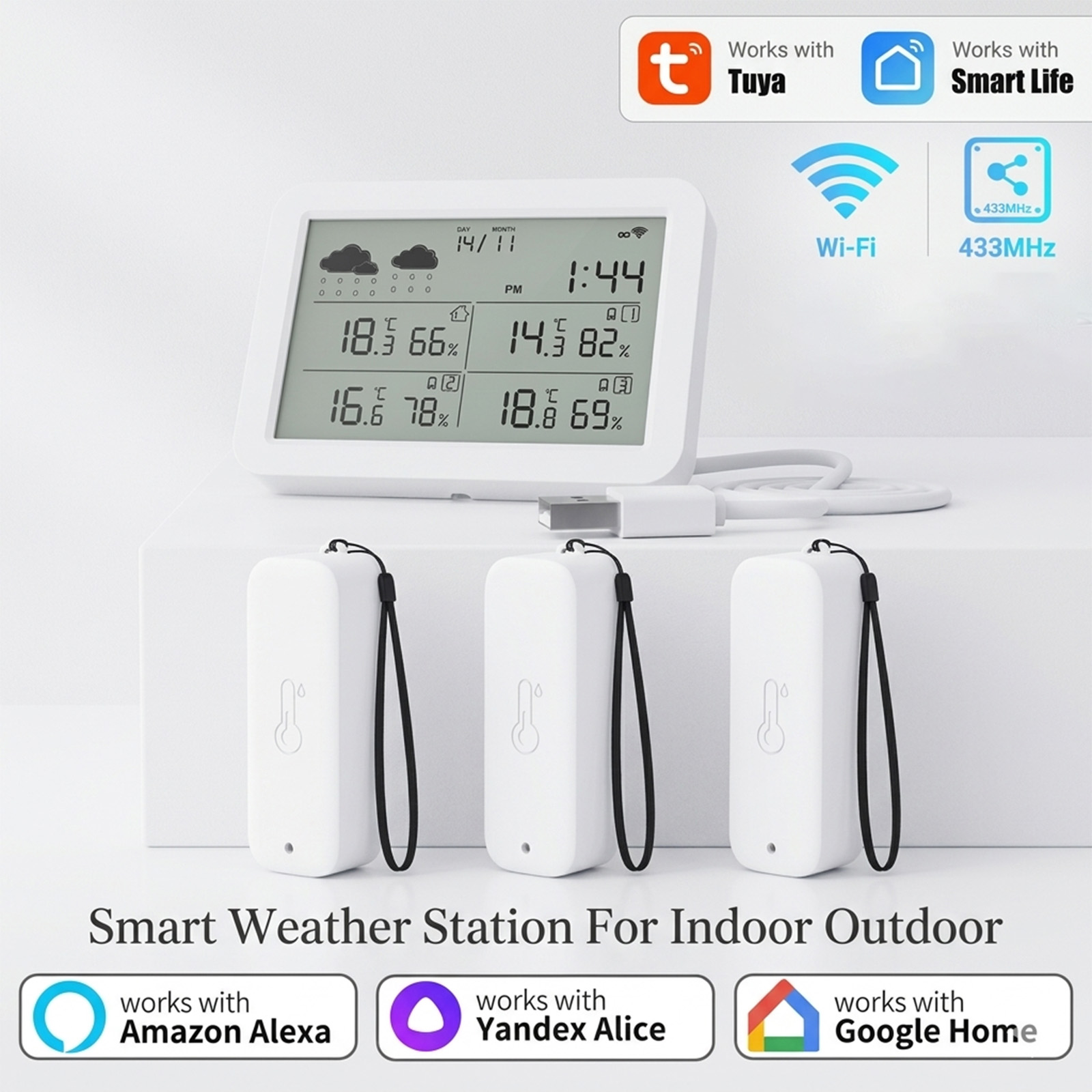 Weather Station Indoor - Метеостанция Tuya WiFi+RF433, умный датчик температуры